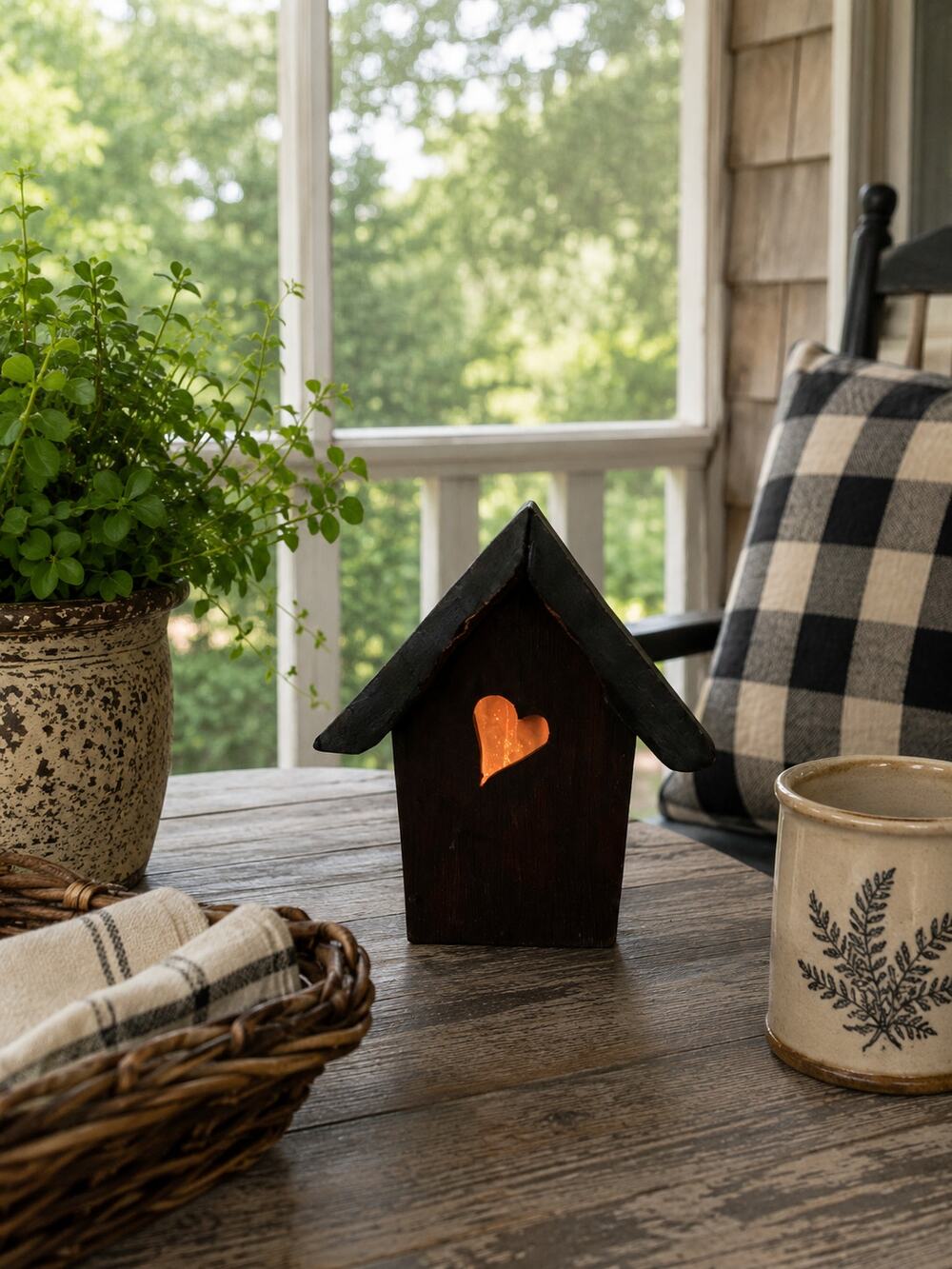 Handmade Folk Art Birdhouse Old Shingle Roof w/ Heart Entrance Light